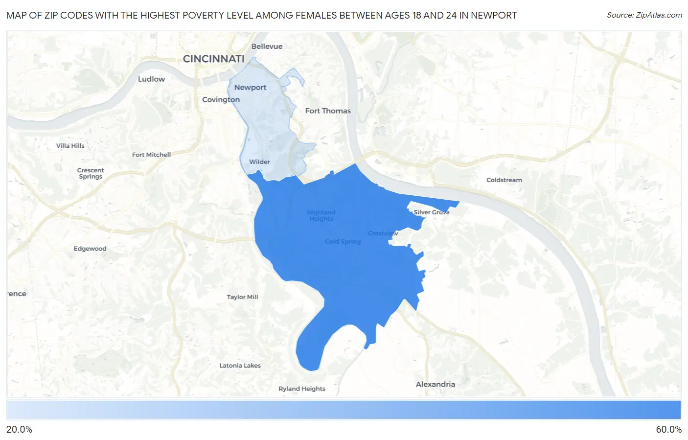 Zip Codes with the Highest Poverty Level Among Females Between Ages 18 and 24 in Newport Map