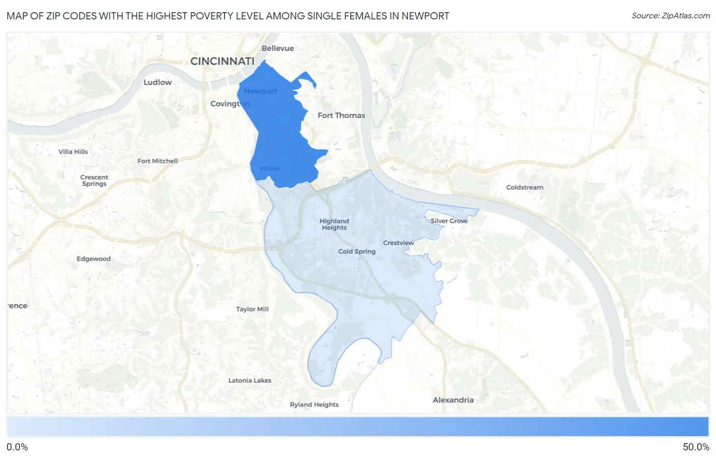 Zip Codes with the Highest Poverty Level Among Single Females in Newport Map