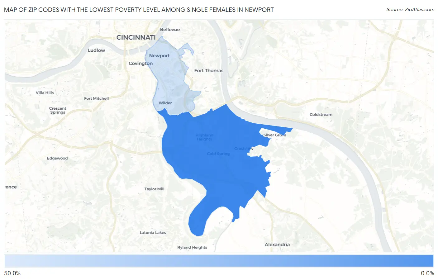Zip Codes with the Lowest Poverty Level Among Single Females in Newport Map