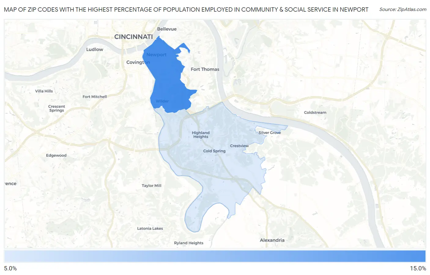 Zip Codes with the Highest Percentage of Population Employed in Community & Social Service  in Newport Map