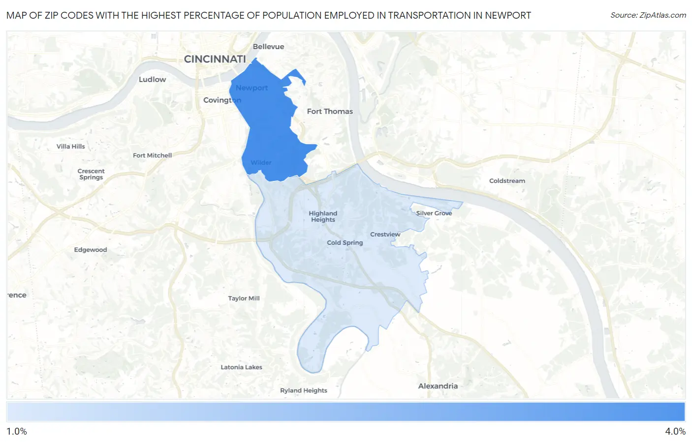 Zip Codes with the Highest Percentage of Population Employed in Transportation in Newport Map