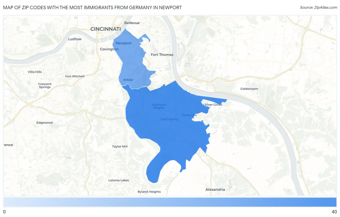 Zip Codes with the Most Immigrants from Germany in Newport Map