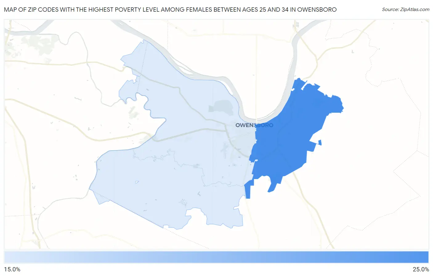 Zip Codes with the Highest Poverty Level Among Females Between Ages 25 and 34 in Owensboro Map