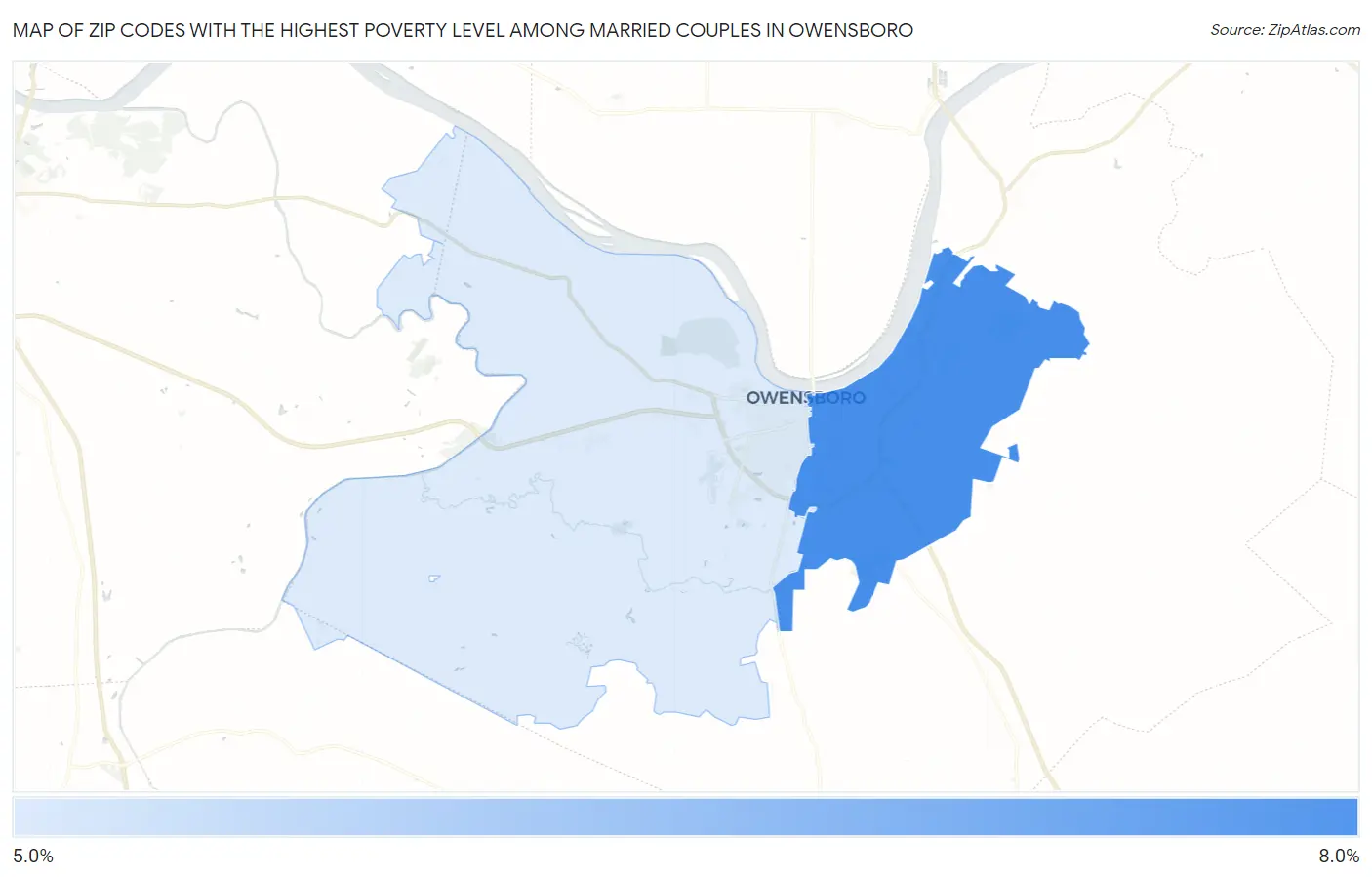 Zip Codes with the Highest Poverty Level Among Married Couples in Owensboro Map