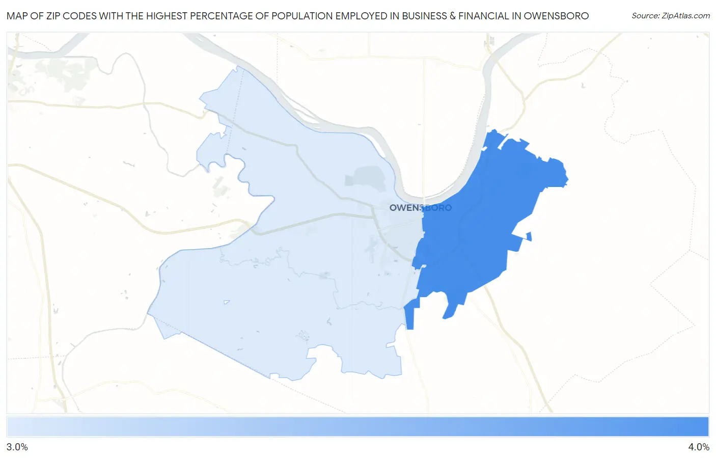Zip Codes with the Highest Percentage of Population Employed in Business & Financial in Owensboro Map