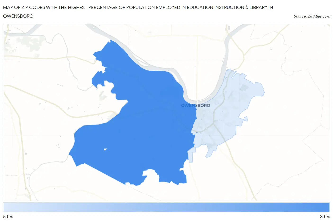 Zip Codes with the Highest Percentage of Population Employed in Education Instruction & Library in Owensboro Map