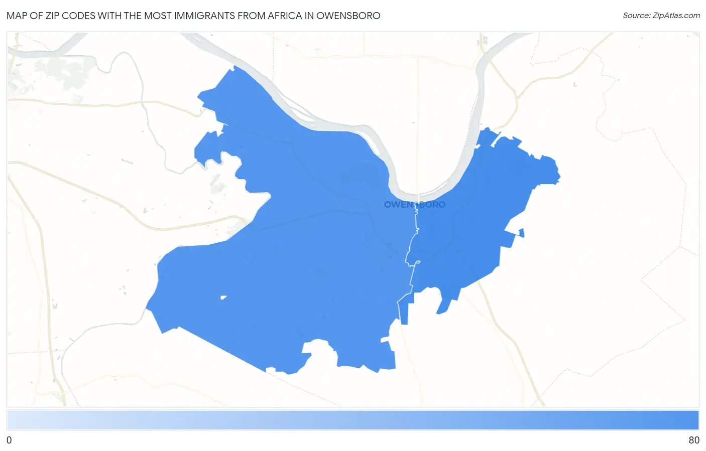 Zip Codes with the Most Immigrants from Africa in Owensboro Map