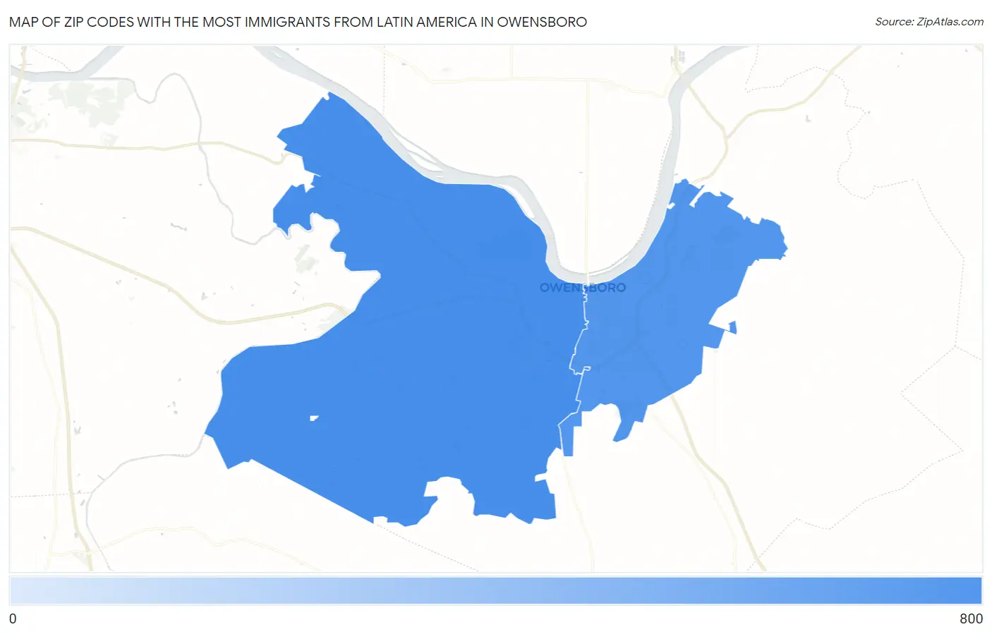 Zip Codes with the Most Immigrants from Latin America in Owensboro Map