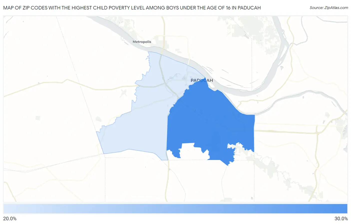 Zip Codes with the Highest Child Poverty Level Among Boys Under the Age of 16 in Paducah Map