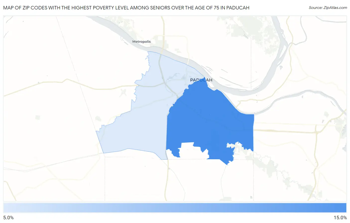 Zip Codes with the Highest Poverty Level Among Seniors Over the Age of 75 in Paducah Map