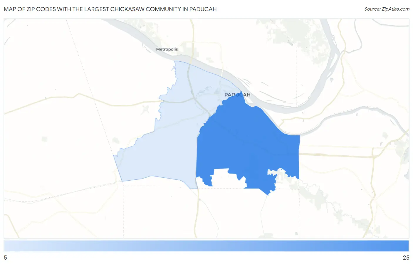 Zip Codes with the Largest Chickasaw Community in Paducah Map