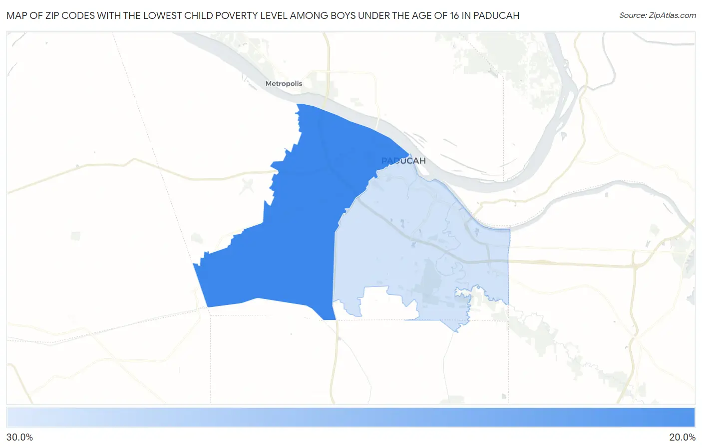 Zip Codes with the Lowest Child Poverty Level Among Boys Under the Age of 16 in Paducah Map