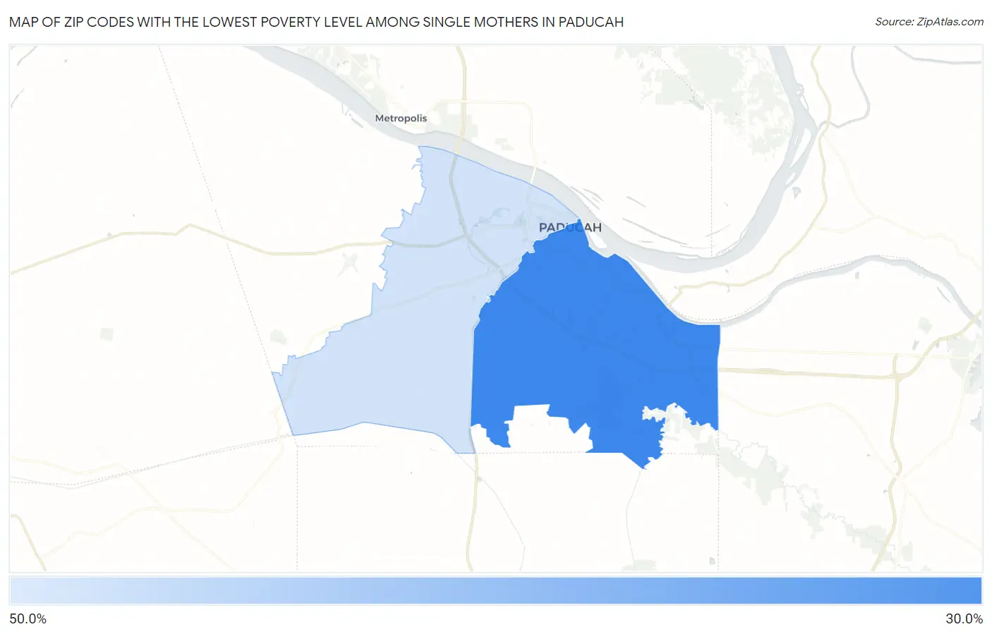 Zip Codes with the Lowest Poverty Level Among Single Mothers in Paducah Map