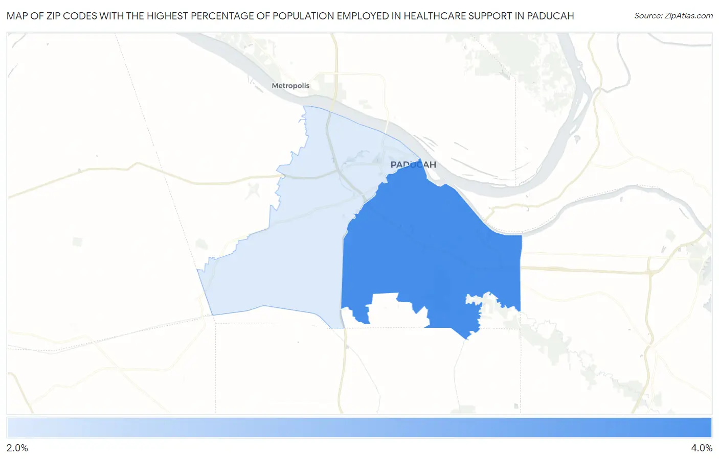Zip Codes with the Highest Percentage of Population Employed in Healthcare Support in Paducah Map