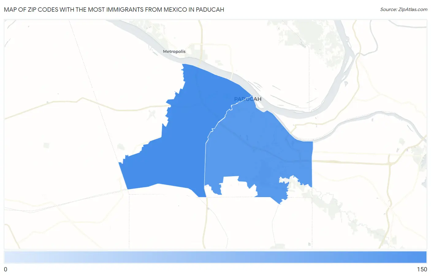 Zip Codes with the Most Immigrants from Mexico in Paducah Map