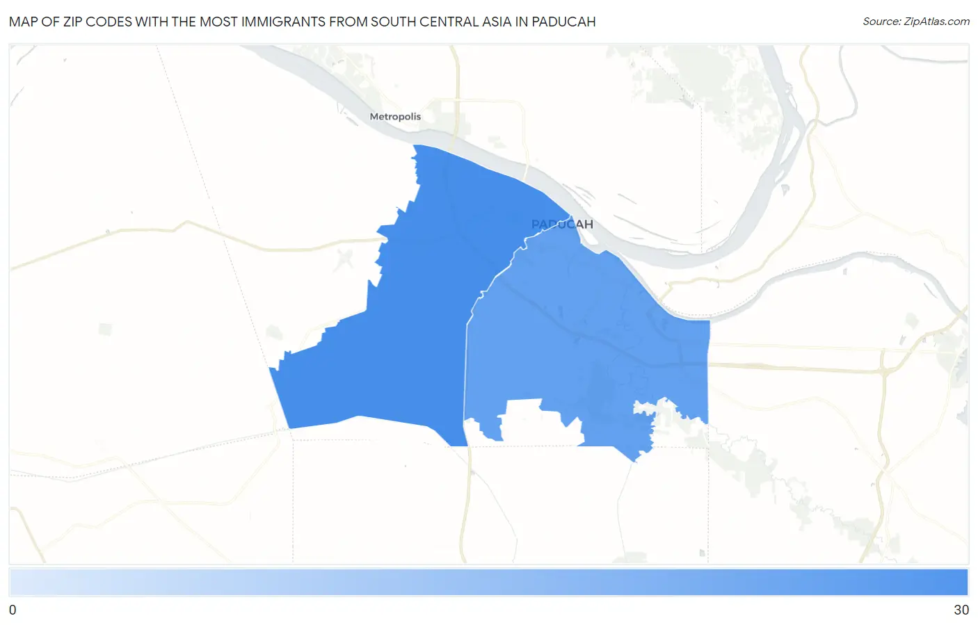 Zip Codes with the Most Immigrants from South Central Asia in Paducah Map