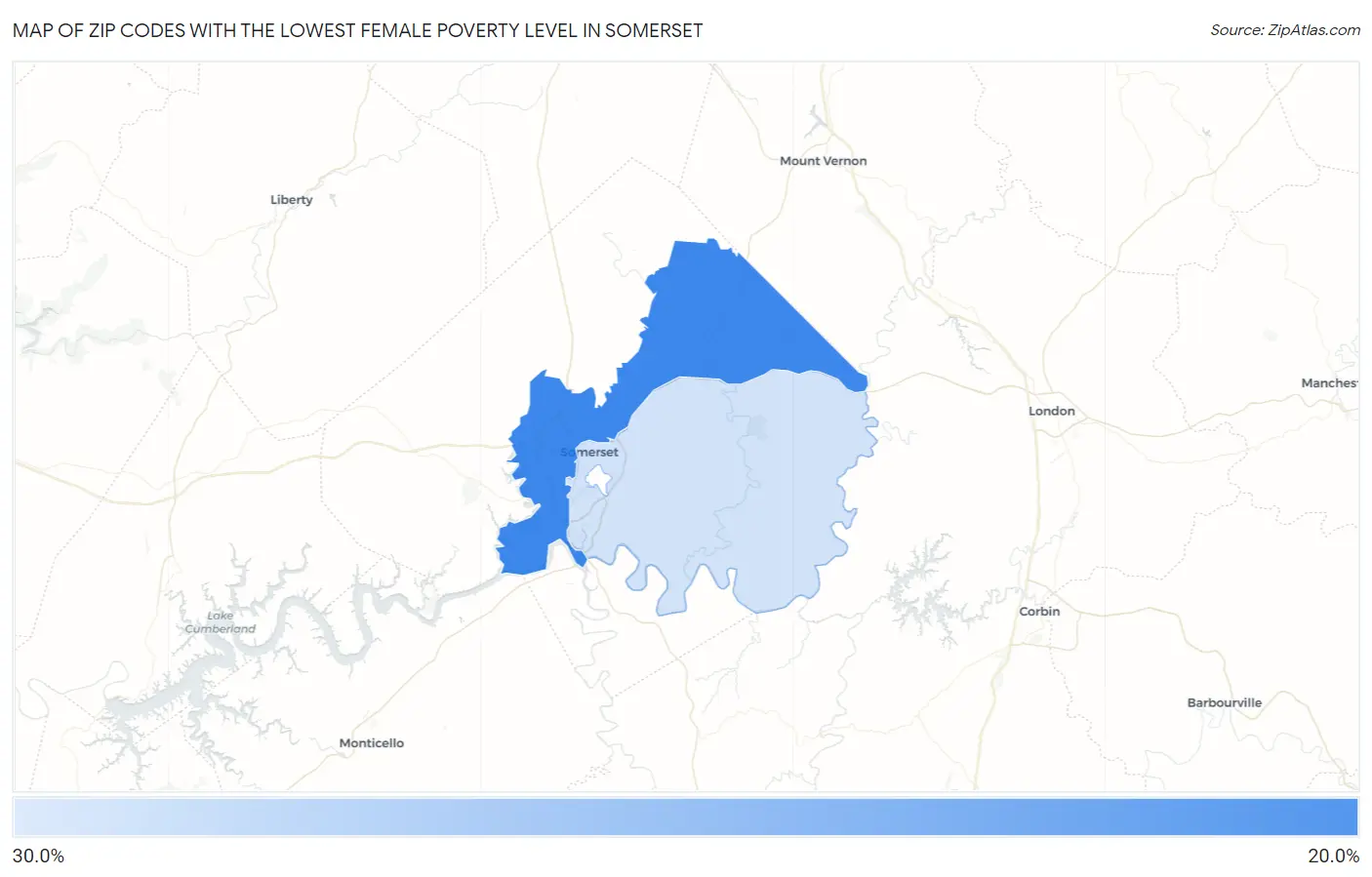 Zip Codes with the Lowest Female Poverty Level in Somerset Map
