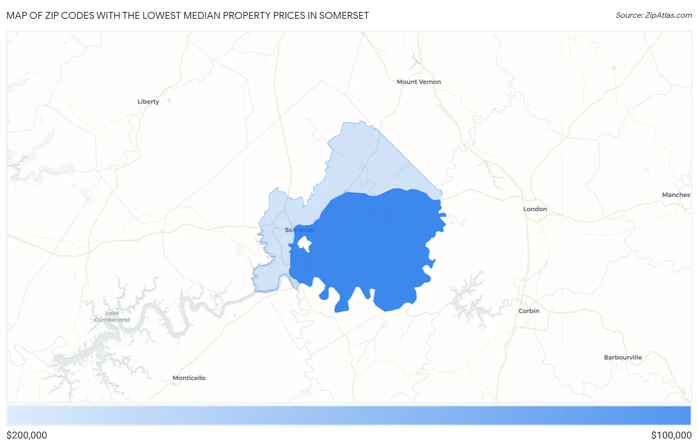 Zip Codes with the Lowest Median Property Prices in Somerset Map