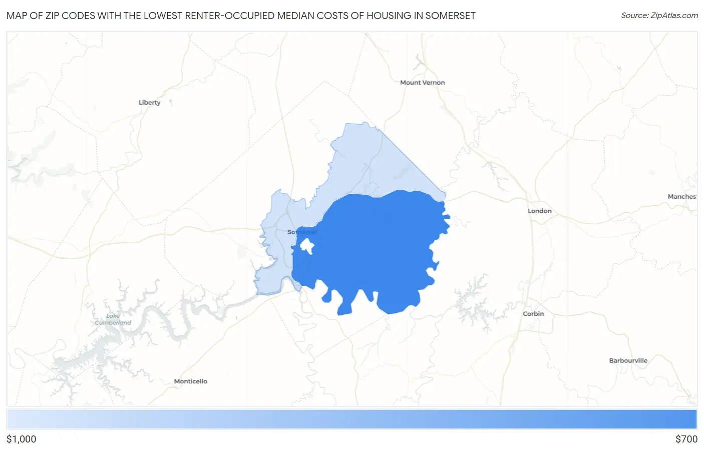 Zip Codes with the Lowest Renter-Occupied Median Costs of Housing in Somerset Map