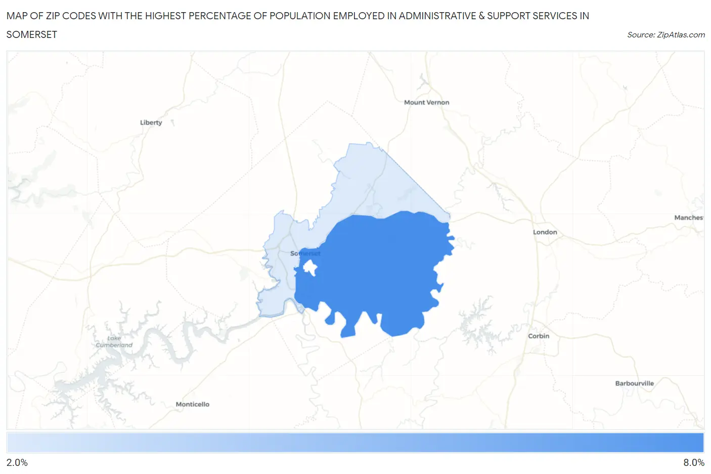 Zip Codes with the Highest Percentage of Population Employed in Administrative & Support Services in Somerset Map