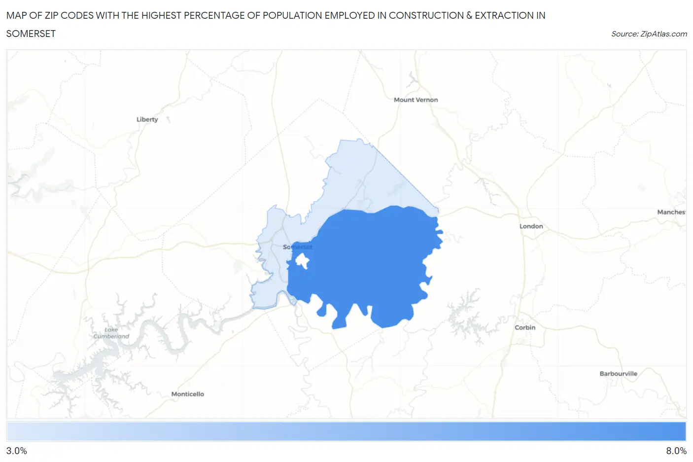 Zip Codes with the Highest Percentage of Population Employed in Construction & Extraction in Somerset Map