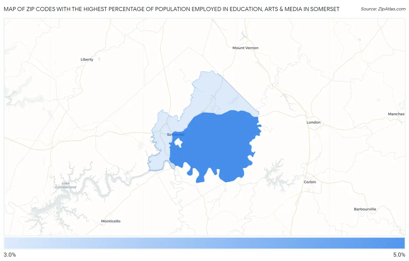 Zip Codes with the Highest Percentage of Population Employed in Education, Arts & Media in Somerset Map