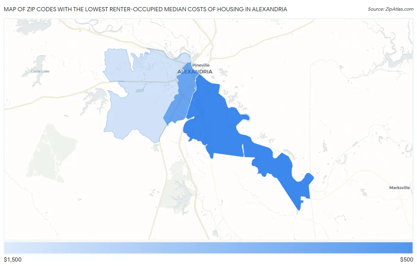 Zip Codes with the Lowest Renter-Occupied Median Costs of Housing in Alexandria Map