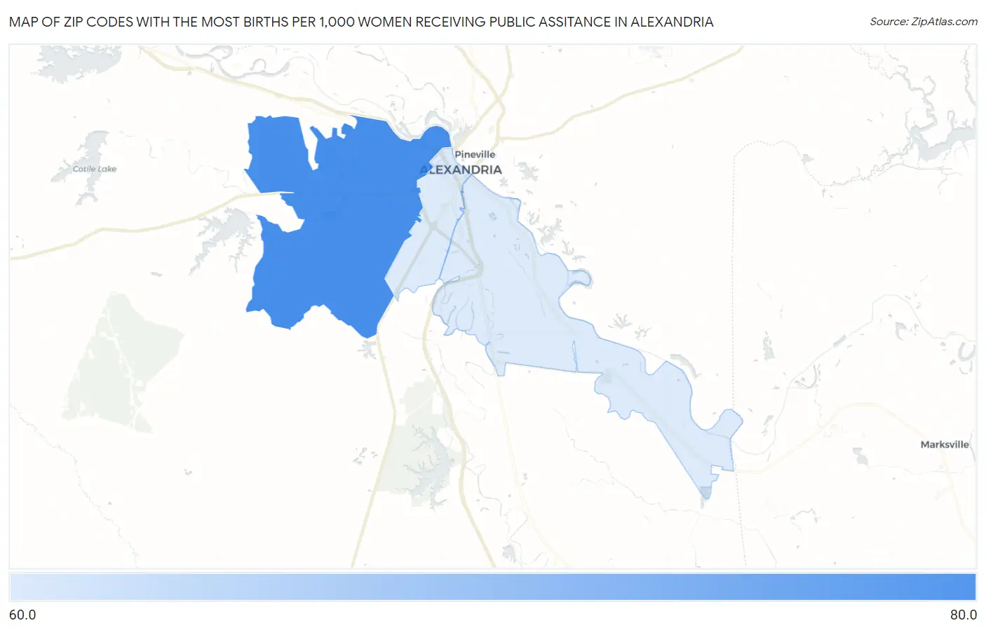 Zip Codes with the Most Births per 1,000 Women Receiving Public Assitance in Alexandria Map