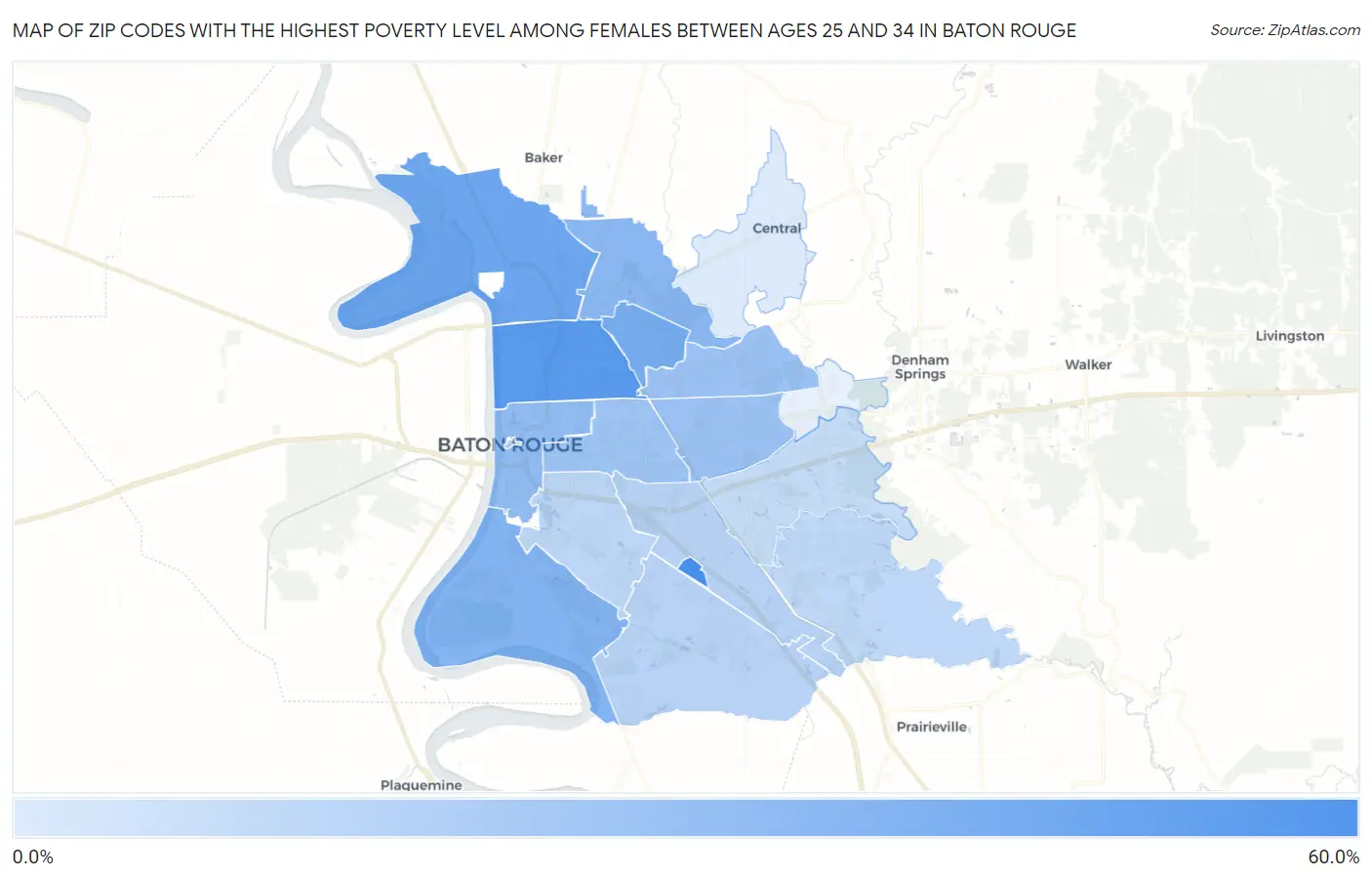 Zip Codes with the Highest Poverty Level Among Females Between Ages 25 and 34 in Baton Rouge Map