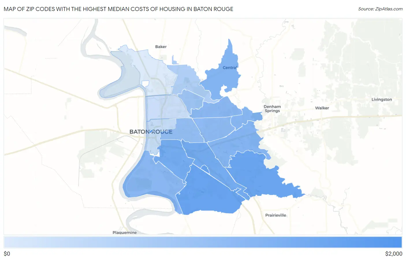 Zip Codes with the Highest Median Costs of Housing in Baton Rouge Map