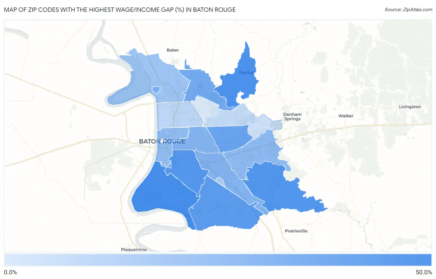 Zip Codes with the Highest Wage/Income Gap (%) in Baton Rouge Map