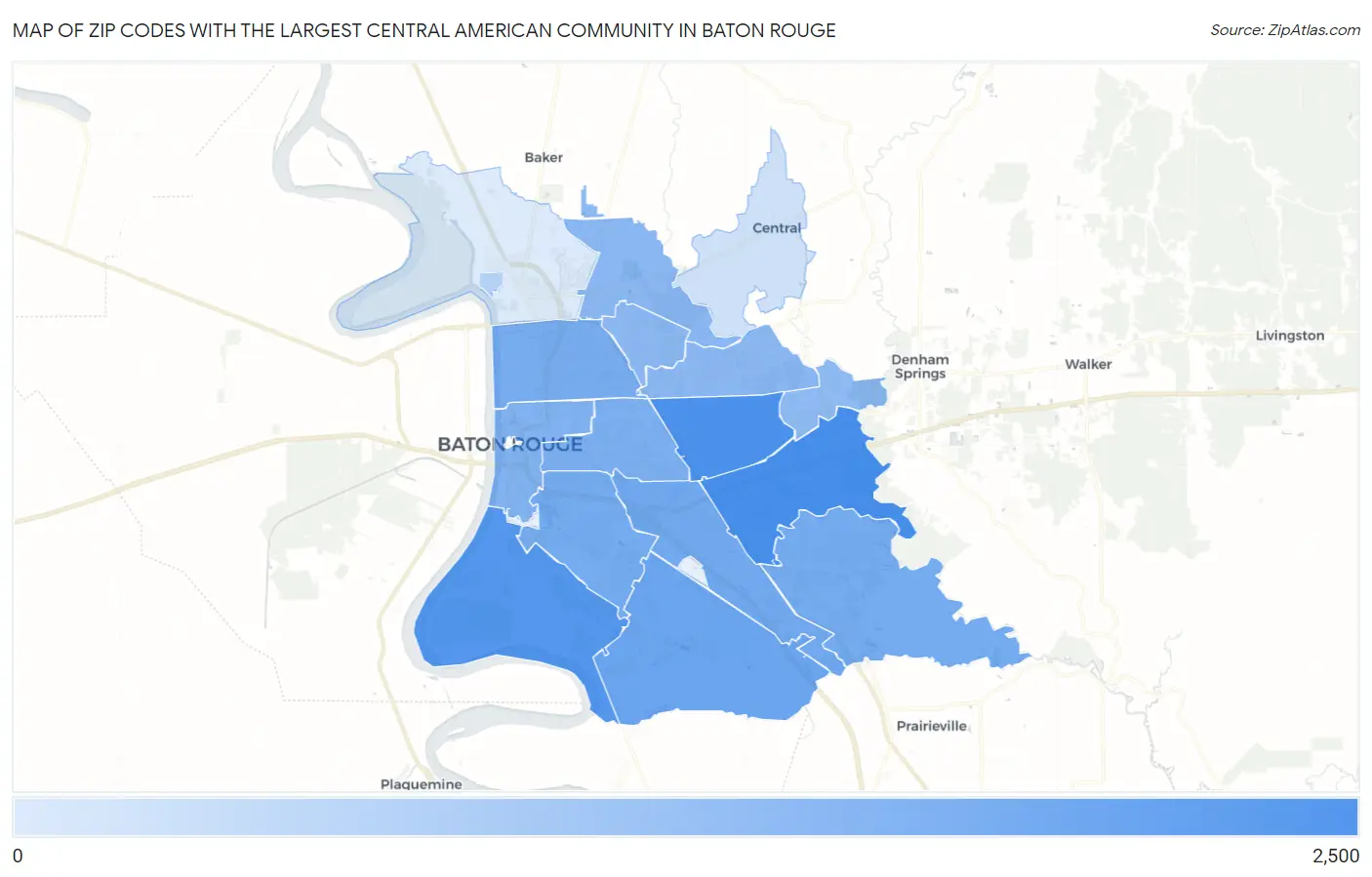 Zip Codes with the Largest Central American Community in Baton Rouge Map