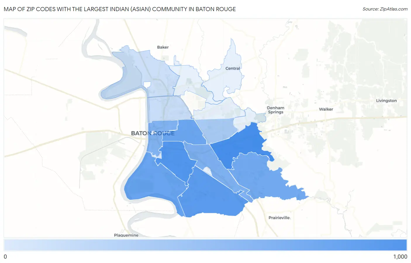 Zip Codes with the Largest Indian (Asian) Community in Baton Rouge Map