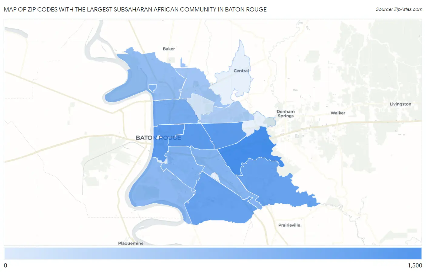 Zip Codes with the Largest Subsaharan African Community in Baton Rouge Map