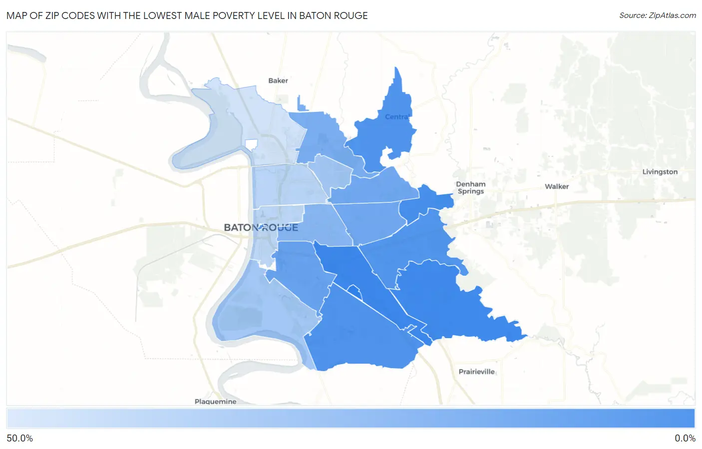 Zip Codes with the Lowest Male Poverty Level in Baton Rouge Map
