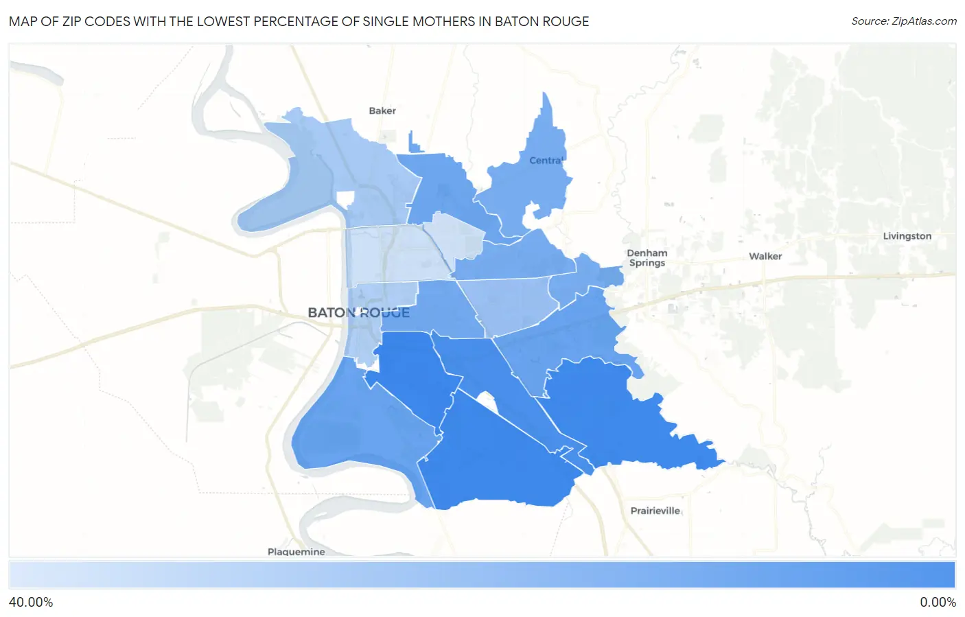 Zip Codes with the Lowest Percentage of Single Mothers in Baton Rouge Map