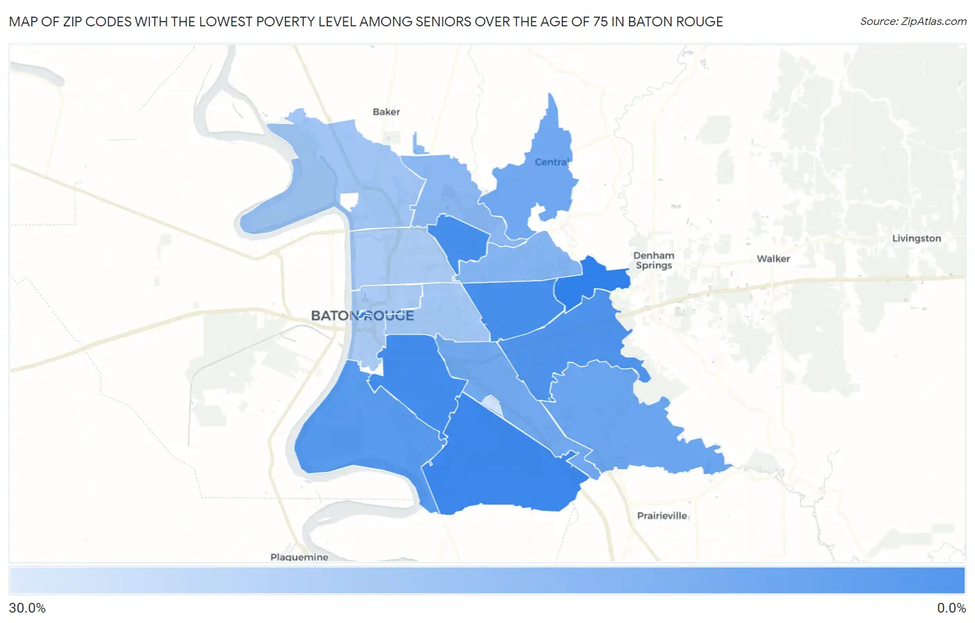 Zip Codes with the Lowest Poverty Level Among Seniors Over the Age of 75 in Baton Rouge Map