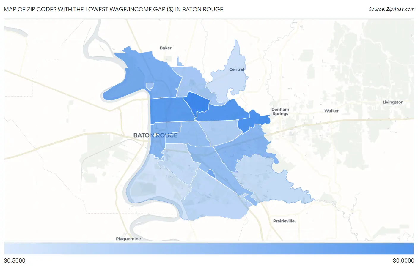 Zip Codes with the Lowest Wage/Income Gap ($) in Baton Rouge Map