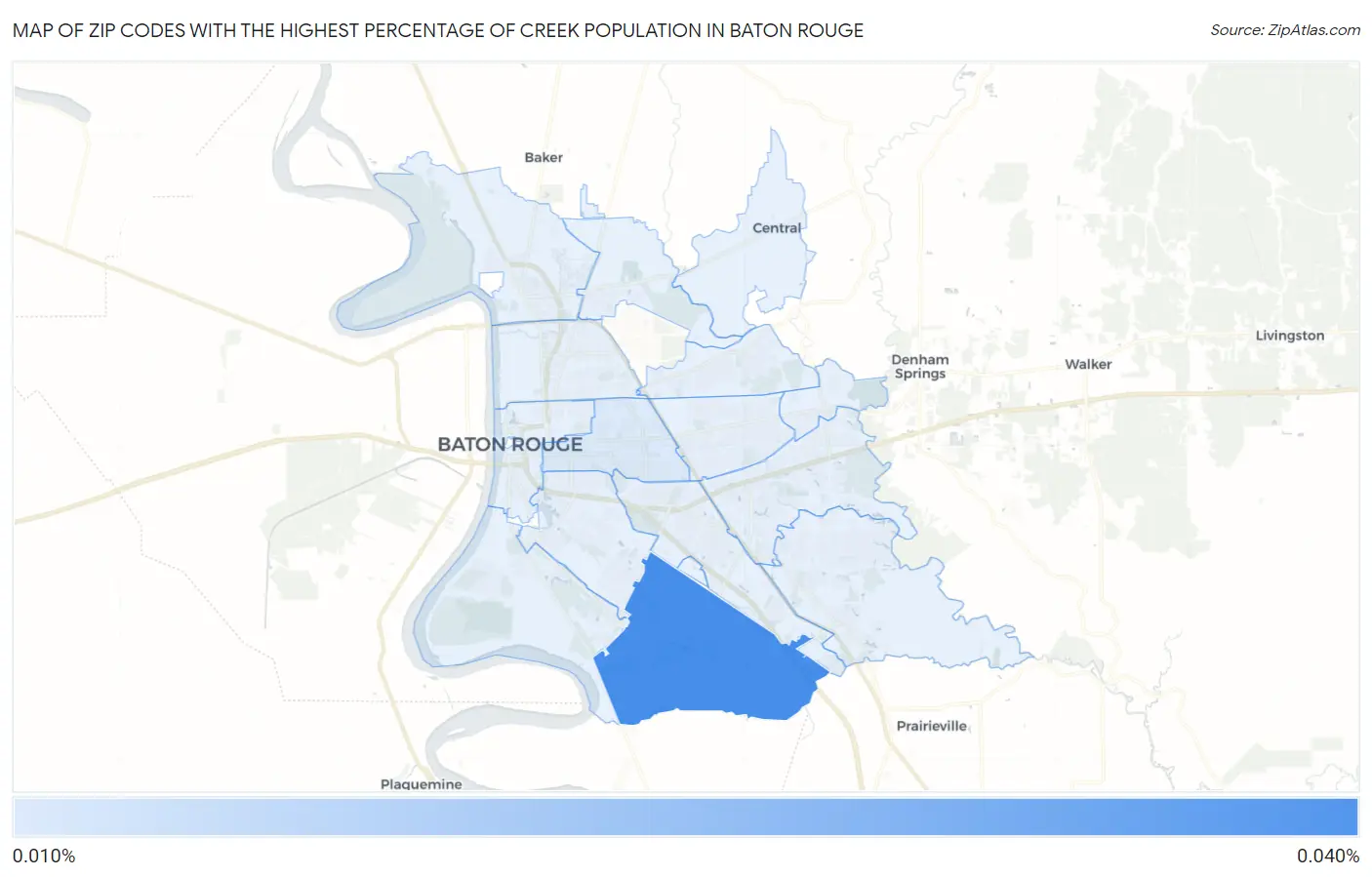 Zip Codes with the Highest Percentage of Creek Population in Baton Rouge Map