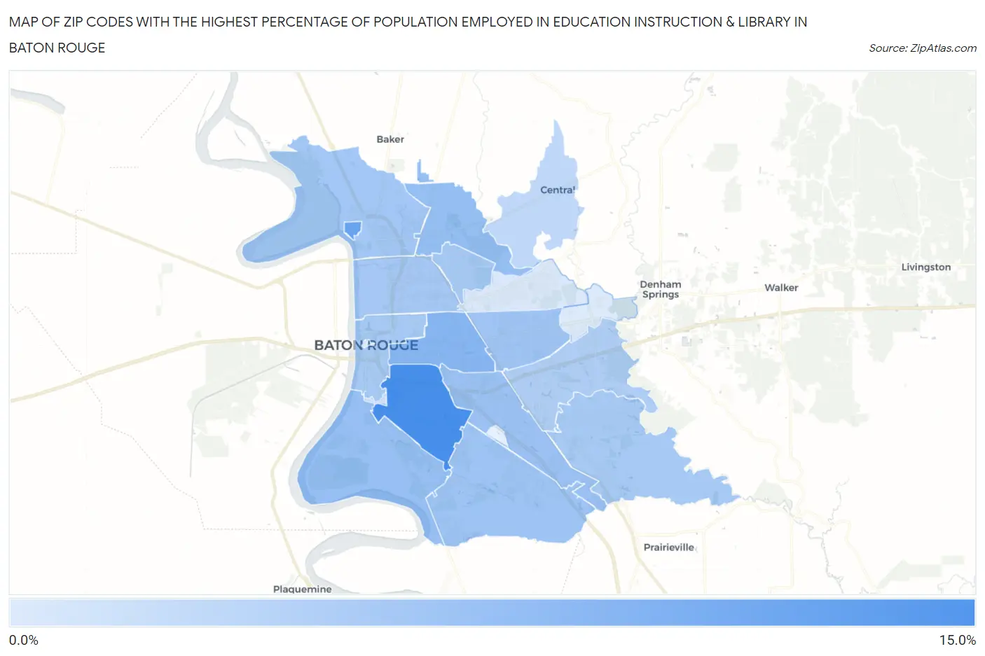 Zip Codes with the Highest Percentage of Population Employed in Education Instruction & Library in Baton Rouge Map