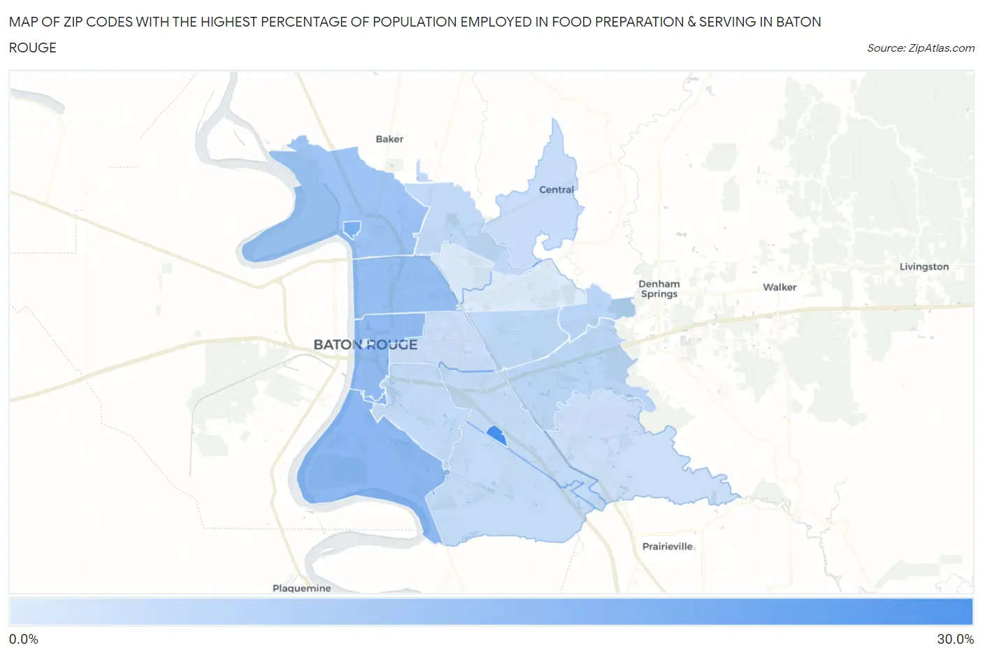 Zip Codes with the Highest Percentage of Population Employed in Food Preparation & Serving in Baton Rouge Map
