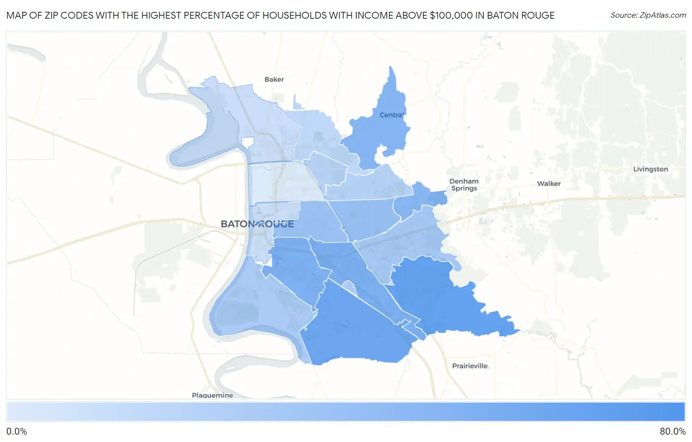 Zip Codes with the Highest Percentage of Households with Income Above $100,000 in Baton Rouge Map