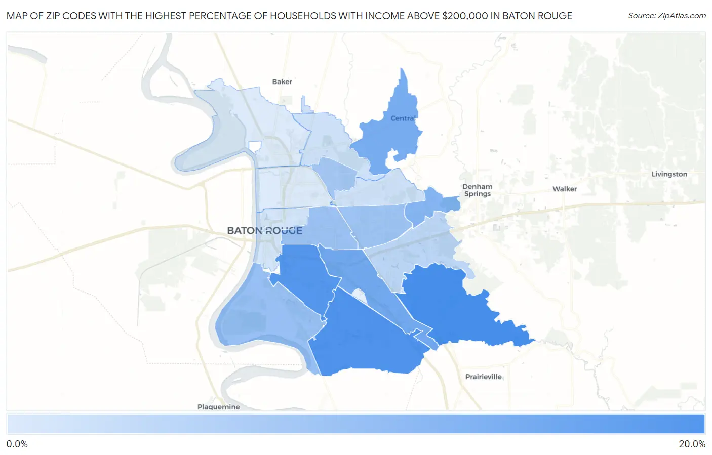 Zip Codes with the Highest Percentage of Households with Income Above $200,000 in Baton Rouge Map