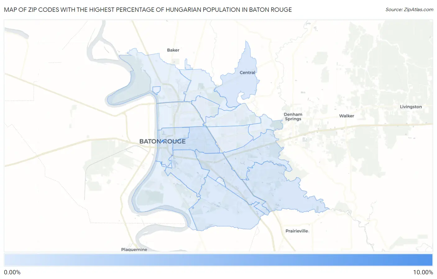 Zip Codes with the Highest Percentage of Hungarian Population in Baton Rouge Map