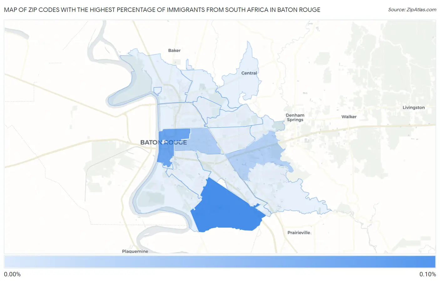 Zip Codes with the Highest Percentage of Immigrants from South Africa in Baton Rouge Map