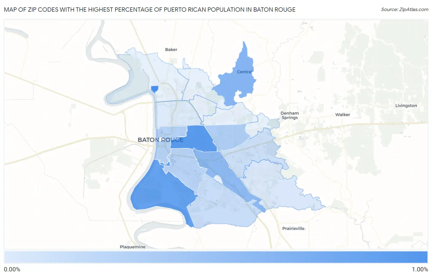 Zip Codes with the Highest Percentage of Puerto Rican Population in Baton Rouge Map