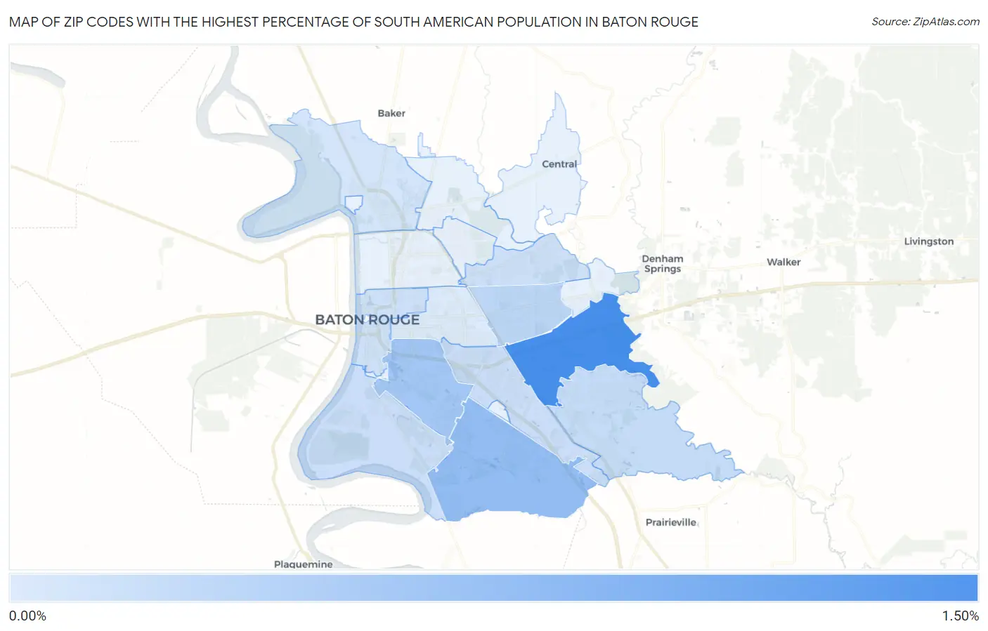 Zip Codes with the Highest Percentage of South American Population in Baton Rouge Map