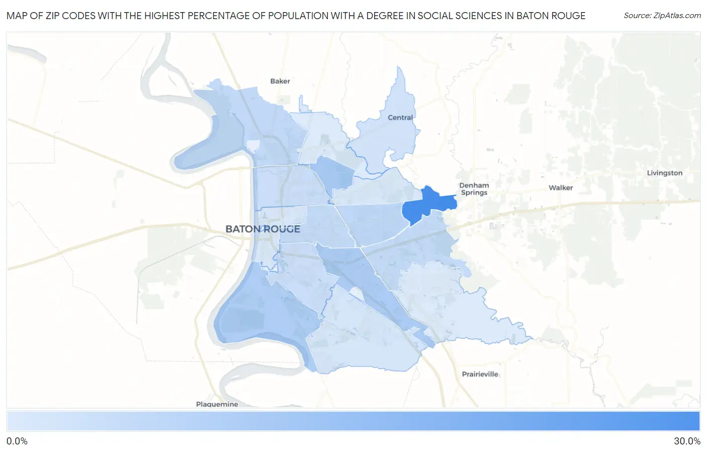 Zip Codes with the Highest Percentage of Population with a Degree in Social Sciences in Baton Rouge Map