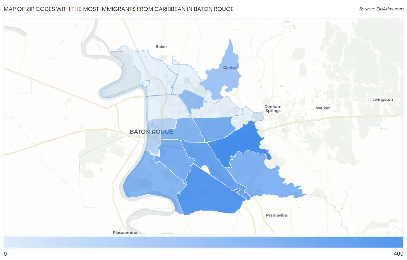 Zip Codes with the Most Immigrants from Caribbean in Baton Rouge Map