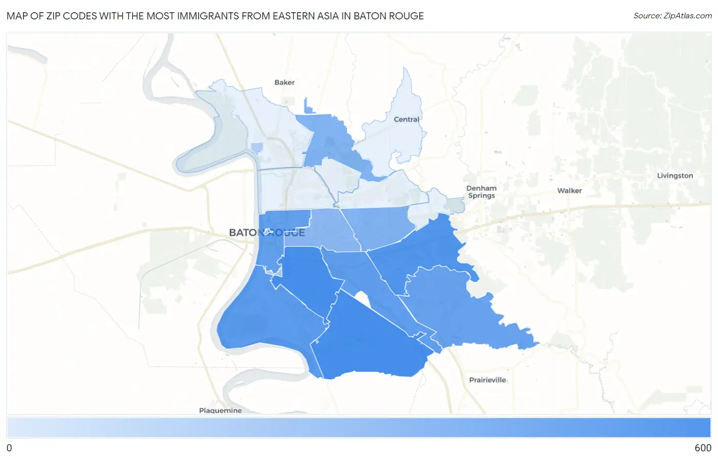 Zip Codes with the Most Immigrants from Eastern Asia in Baton Rouge Map